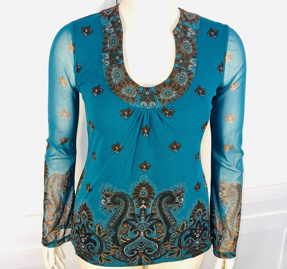 The Limited Tunic Top Blouse Womens M Teal Paisley Horseshoe Neck Sheer Sleeve